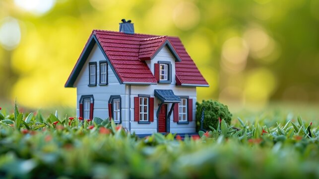Miniature model house on green grass with bokeh background