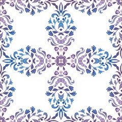Watercolor hand drawn floral design. Seamless pattern. Blue and white damask azulejo decorative element.