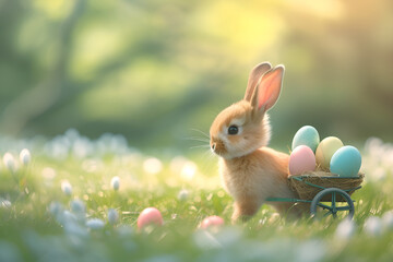 cute little bunny carrying a cart with easter eggs