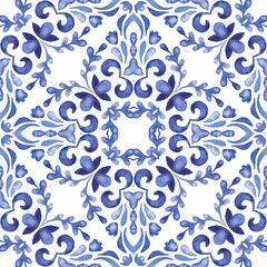 Abstract blue and white tile seamless ornamental watercolor paint pattern. Azulejo portuguese style mediterranean mosaic