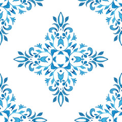 Abstract blue and white tile seamless ornamental watercolor paint pattern. Azulejo cobalt color portuguese style mediterranean mosaic