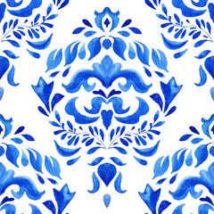 Watercolor blue damask hand drawn floral design. Seamless pattern, tiling ornament. Persian abstract mediterranean motif background.
