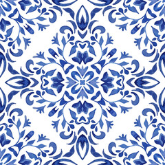 Abstract blue and white tile seamless ornamental watercolor paint pattern. Azulejo portuguese style mediterranean mosaic