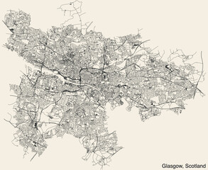 Detailed hand-drawn navigational urban street roads map of the United Kingdom city township of GLASGOW, SCOTLAND with vivid road lines and name tag on solid background