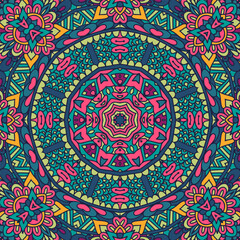 Abstract damask mandala seamless ornamental pattern. Doodle ethnic tribal geometry psychedelic colorful fabric print.