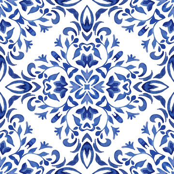 Abstract blue and white tile seamless ornamental watercolor paint pattern. Azulejo portuguese style mediterranean mosaic