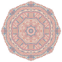 Ethnic Vector medallion folk art style design print in pastel colors. Seamiless mandala with doodle graphic ornament.