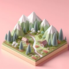 Mountains miniature isolated on a pastel pink background. Mountains area with forest trendy composition. Beautiful 3D model. Wide screen wallpaper, for design and banners.