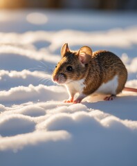 a mouse sitting in the snow at sunset