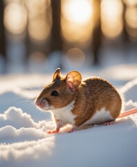 a mouse sitting in the snow at sunset