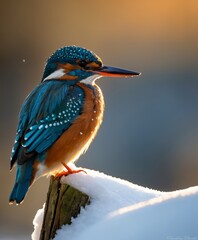 Kingfisher  on a branch covered in snow and ice