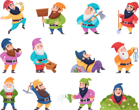 Cartoon dwarf. Mining fantasy gnomes in various poses funny fairytale characters exact vector dwarf illustrations