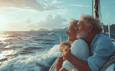 An elderly couple sits in a boat or yacht against the backdrop of the sea. Happy and smiling. Yacht trip. Sea voyage, active recreation. Celebrating wedding anniversary, St Valentine's Day concept