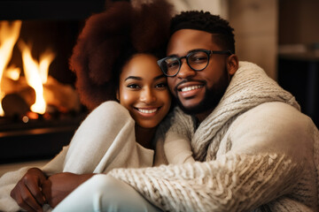 Beautiful African-American couple in white sweaters cuddles with a dog while sitting in front of the fireplace, Celebrating wedding anniversary, St Valentine's Day concept