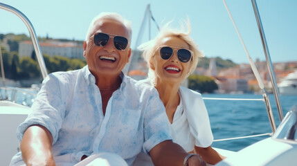 An elderly couple sits in a boat or yacht against the backdrop of the sea. Happy and smiling. Yacht...