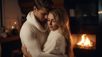 Naklejka premium Beautiful caucasian couple in white sweaters hugging while standing in front of the fireplace. Celebrating wedding anniversary, St Valentine's Day concept