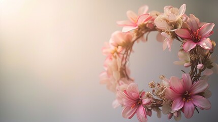 a floral wreath delicately arranged on a light background, with ample free space for text, perfect for wedding invitations, greeting cards, or announcements, exuding beauty and sophistication.