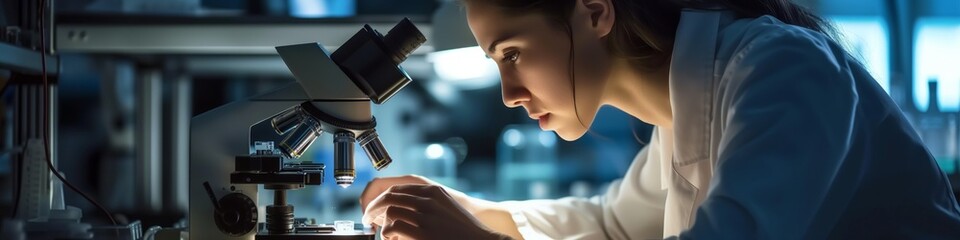 Dedicated scientist engrossed in microscopic research - obrazy, fototapety, plakaty