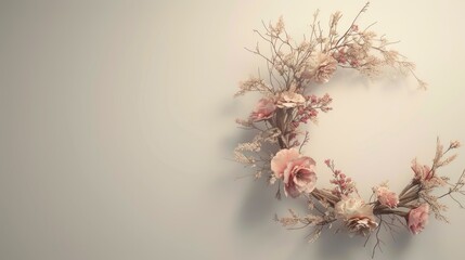 a floral wreath delicately arranged on a light background, with ample free space for text, perfect for wedding invitations, greeting cards, or announcements, exuding beauty and sophistication.