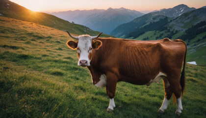 Fototapeta na wymiar A cow grazes on a meadow in the mountains