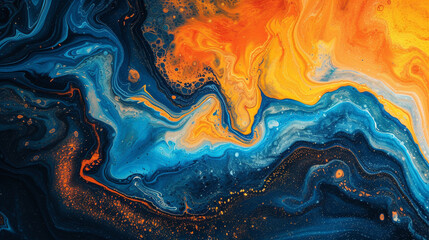A vibrant and bold abstract painting on a marble slab with deep blue and bright yellow colors, resembling a sunset over the ocean. 