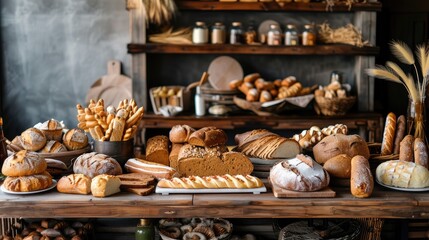 an artisanal bread display arranged on a wooden counter, showcasing a variety of freshly baked loaves, rolls, and pastries, evoking the warm aroma and wholesome appeal of homemade bakery delights.