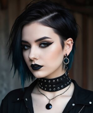  an alluring and seductive image of a goth girl, clad in a black shirt and choker