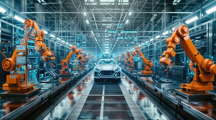 A sleek car reaches the final stages of assembly as robotic arms work in a synchronized manner in a state-of-the-art automotive manufacturing line. - obrazy, fototapety, plakaty