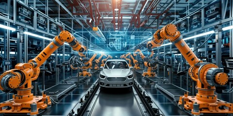 Futuristic automated car assembly line with industrial robots assembling a modern electric vehicle in a high-tech manufacturing plant.