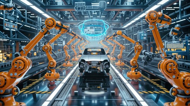 An unfinished car on an assembly line surrounded by a fleet of robotic arms under a holographic projection of the final model in a futuristic factory.