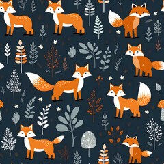 repetition and pattern of woodland animals such as foxes in appealing autumn colors, simple vector graphic flat style, detailed wildflower and foliage landscape