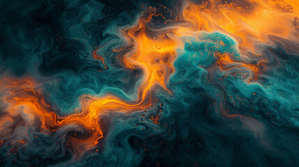 An intricate dance of fiery orange and cool teal, intertwining on a marble surface, capturing the essence of a dynamic flame.  - obrazy, fototapety, plakaty