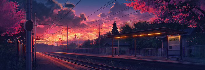 Anime background, empty train station - obrazy, fototapety, plakaty