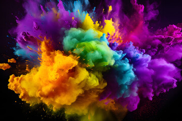Vibrant colored powder explosion in purple, green, and gold. A dynamic burst of Holi paint powder, capturing the spirit of celebration  Generative AI,