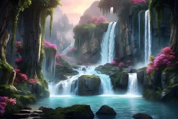 Waterfalls in mystical fantasy forest. Magical fairy tale landscape.