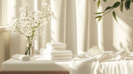 a spa treatment through a captivating image of a massage area embellished with plush white towels and fresh flowers, highlighting the allure of relaxation and pampering in a serene environment.