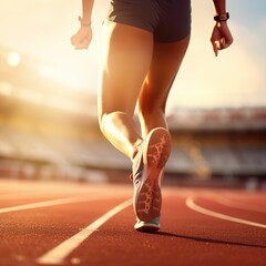 Running on racetrack at stadium. Close up of athlete legs.