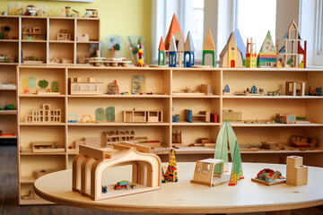 Early education Montessori classroom. Wooden educational toys, shelves, and learning resources. Promoting hands-on learning for children  Generative AI,