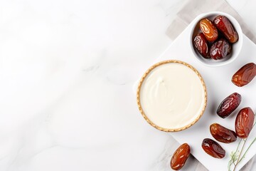 dates and dairy with tahini on white background copy space