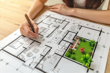Hands of a young architect working on a blueprint on the table, in her well-lit architecture studio. Inspiration and planning for new projects