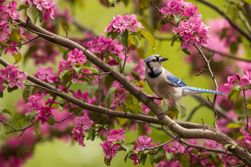 Blue Jay on flowering crabapple tree in Spring. Perching among blooms.