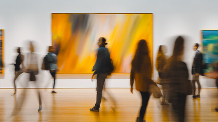 People blurred in motion at an art exhibition