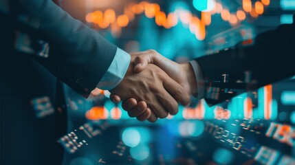 Fototapeta premium Businessmen shaking hands symbolizing successful merger negotiations, teamwork, loyalty program, trading growth, financial markets.
