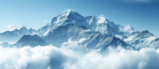 Beautiful landscape of majestic mountain peaks summits with snow capped with cloudy. AI generated