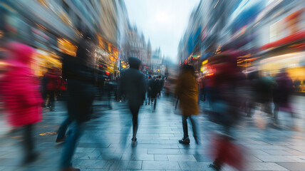 People are blurred in motion, on the main street.