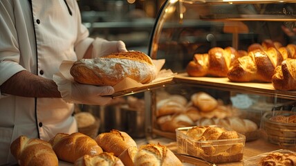 a baker handing baked baguette crafted with care, encased in a golden and glass packaging, within the cozy ambiance of a traditional French bakery, evoking, of artisanal craftsmanship.