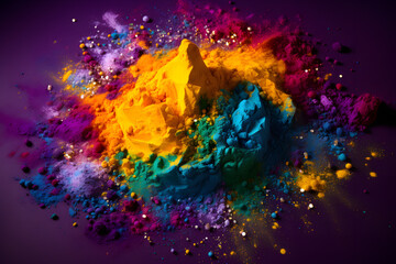 Holi paint powder in vibrant purple, green, and gold colors. An explosion of colorful powder, perfect for capturing the essence of celebration.  Generative AI,