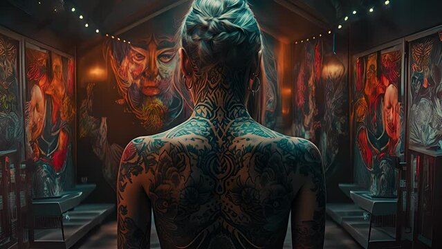 rear view of young woman with tattooed back. Created with generative AI.	