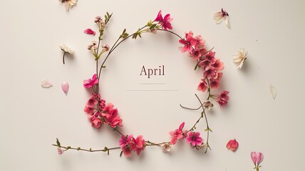 the text "April" surrounded by a delicate floral wreath, adorning a light background with soft hues, evoking the freshness and beauty of spring, ideal for seasonal greetings or calendar designs.