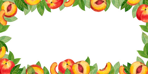Rectangular frame made of fruits. Watercolor elements of peaches and nectarines, slices of juicy fruits drawn by hand in watercolors. Suitable for packaging juices, food, fabrics, towels, kitchens.